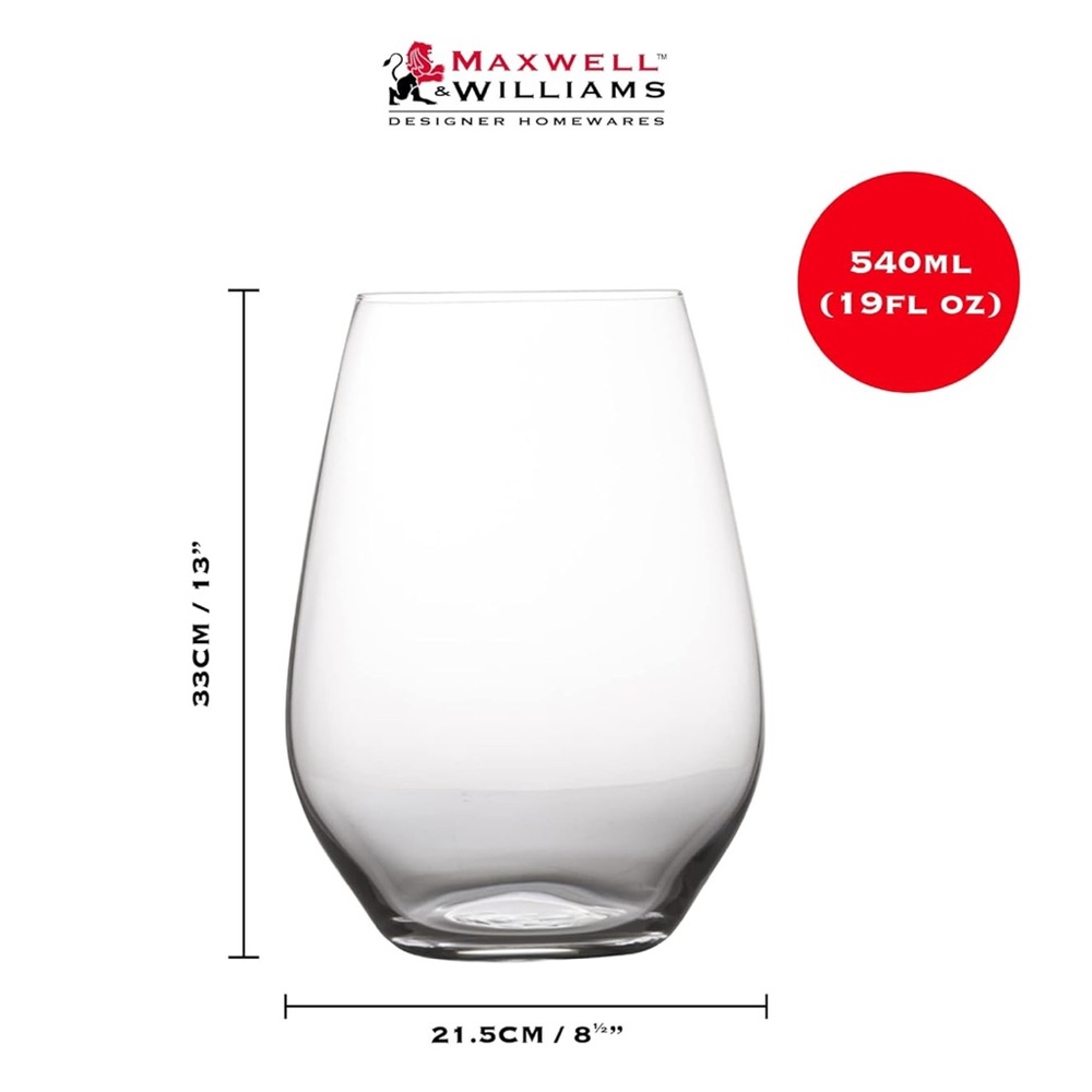Maxwell & Williams Vino Stemless Clear Wine Glass Set 4